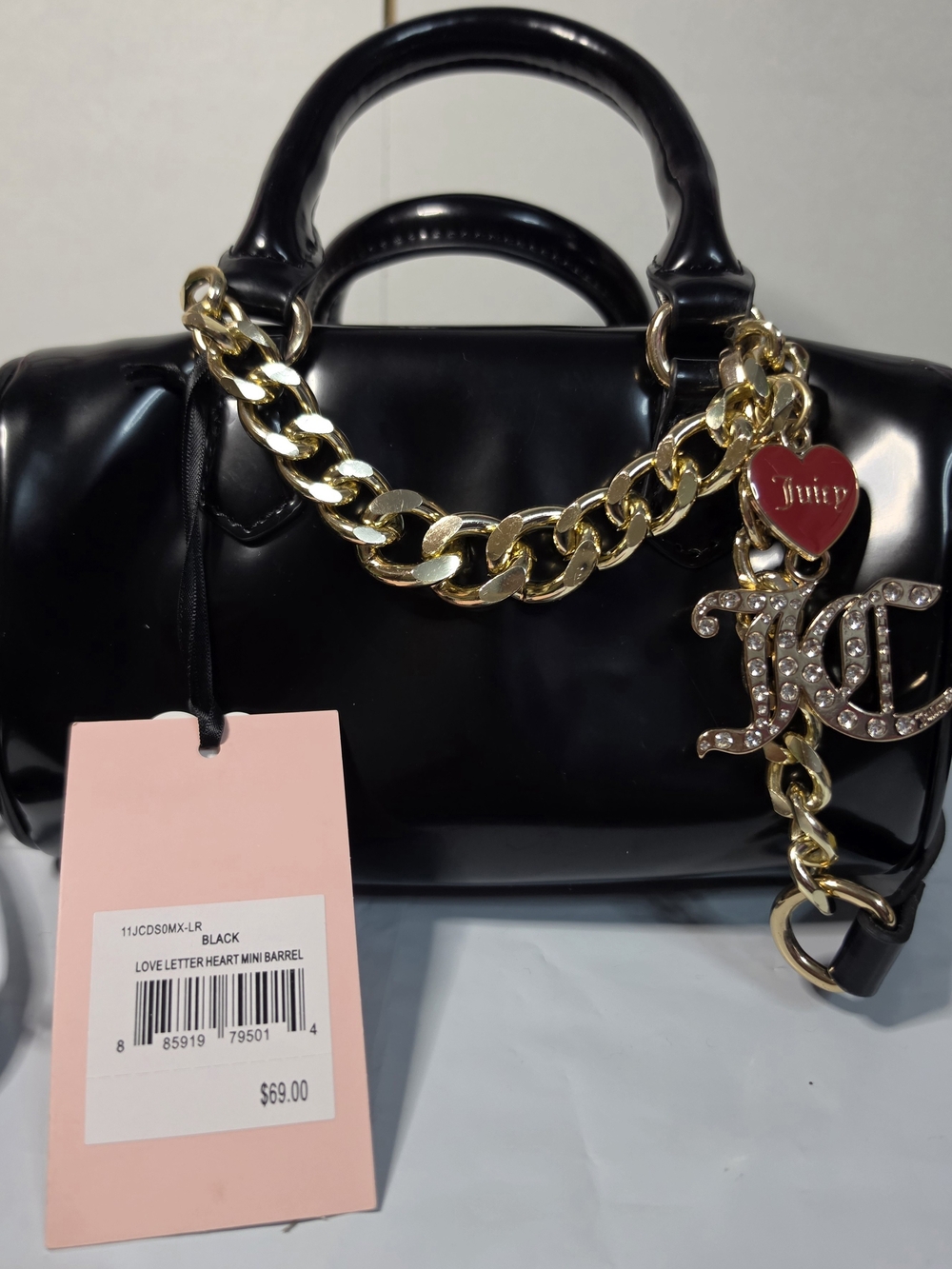 Juicy Couture Black Mini Barrel Bag with Gold Chain and Heart Logo Charm